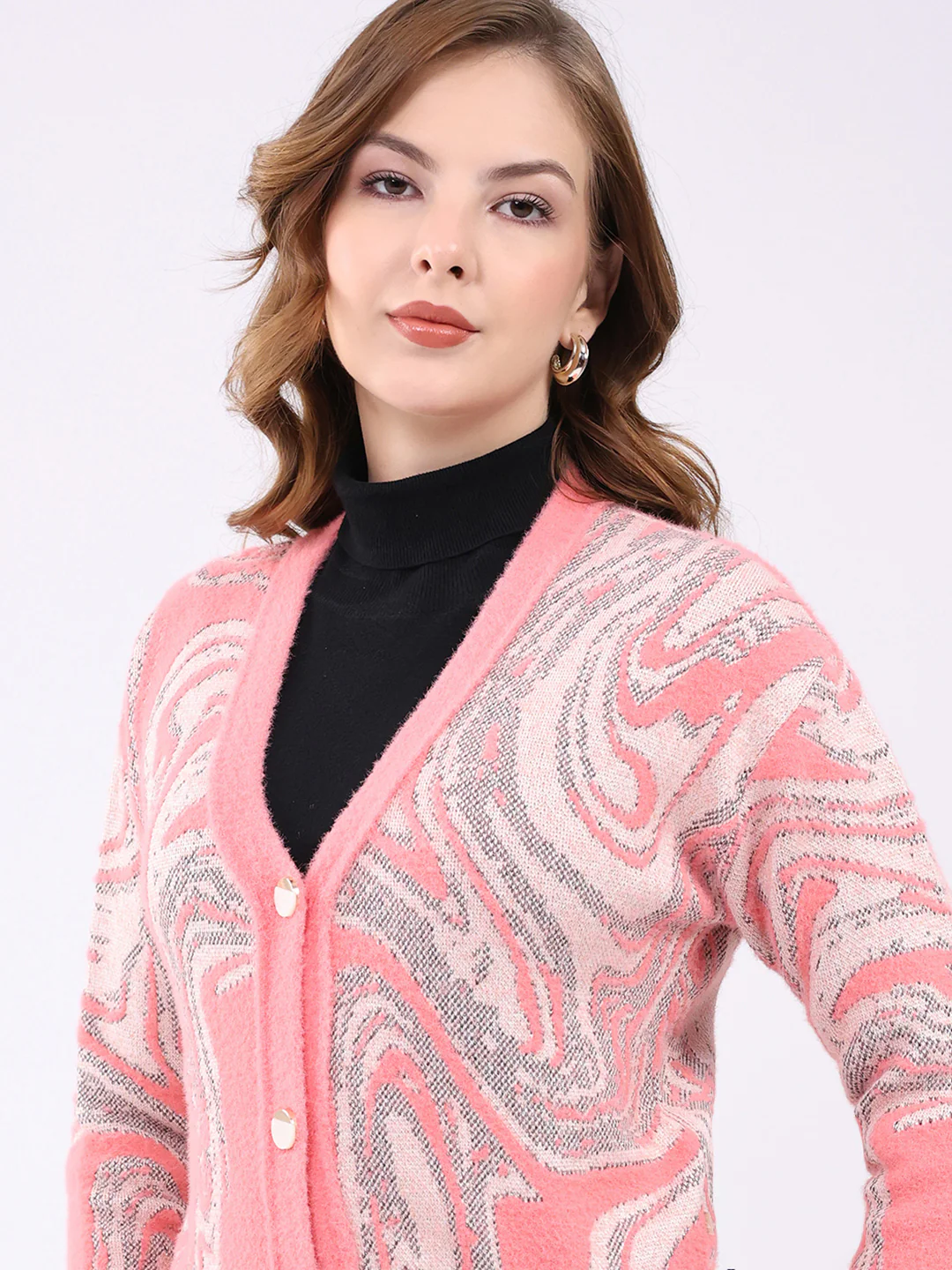 Women Pink Self Design V Neck Full Sleeve Cardigan - Image 7