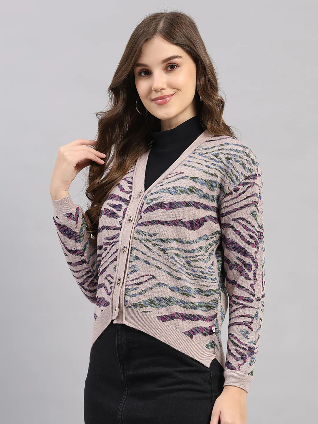 Women Pink Self Design V Neck Full Sleeve Cardigan - Image 3