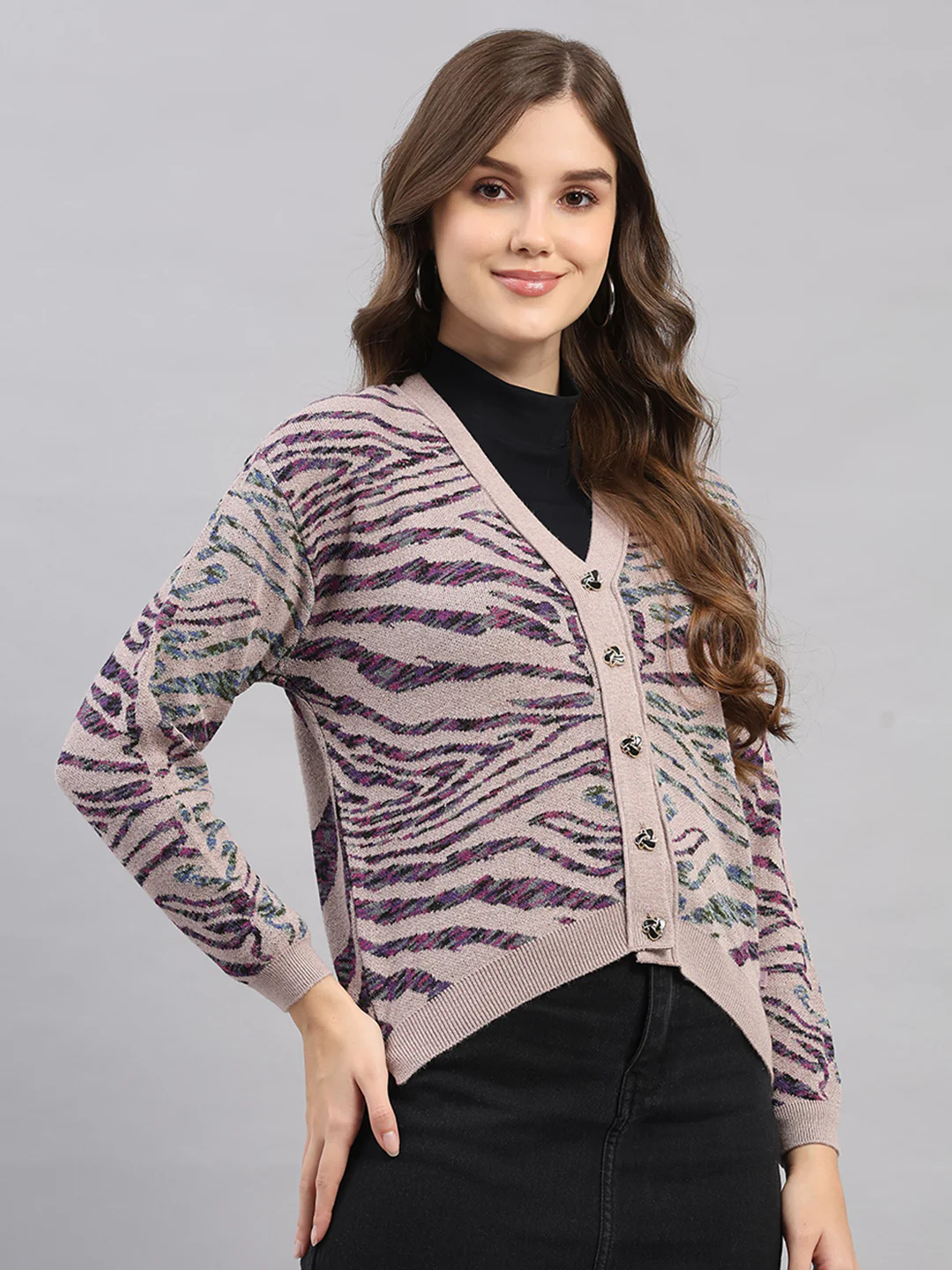 Women Pink Self Design V Neck Full Sleeve Cardigan - Image 4