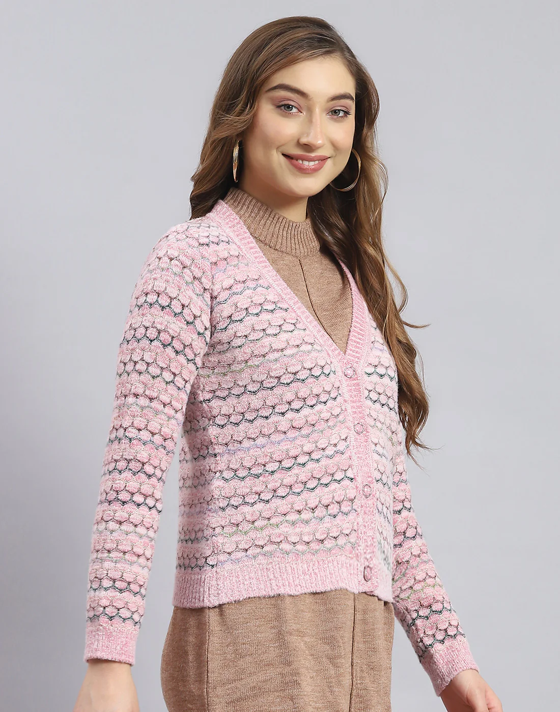 Women Pink Self Design V Neck Full Sleeve Sweater - Image 4
