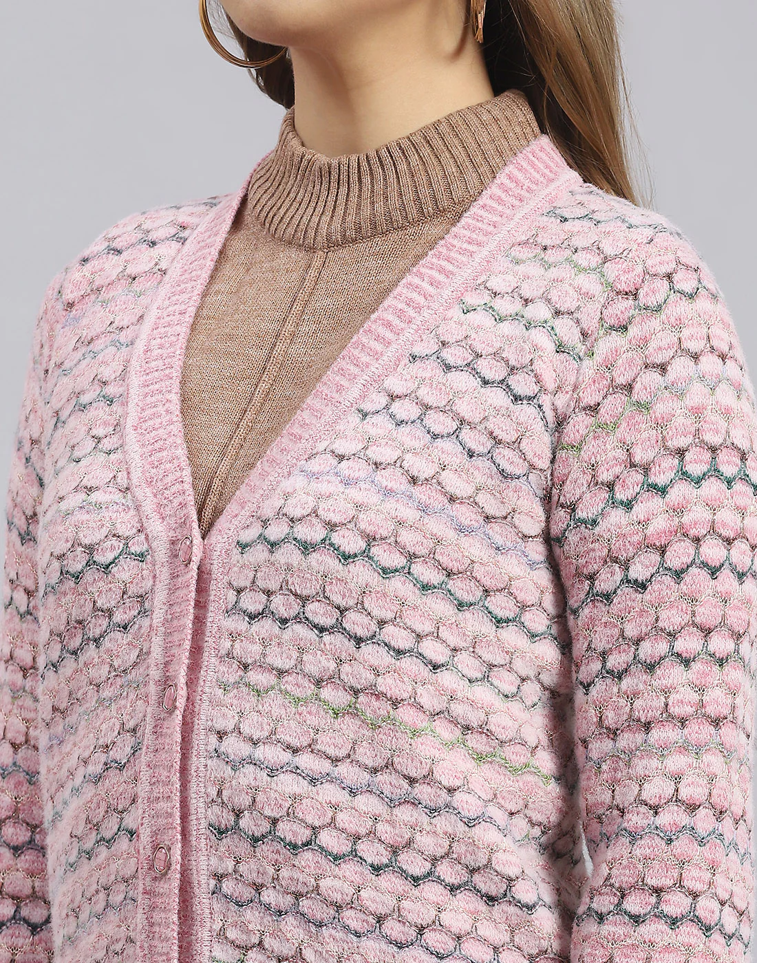 Women Pink Self Design V Neck Full Sleeve Sweater - Image 6