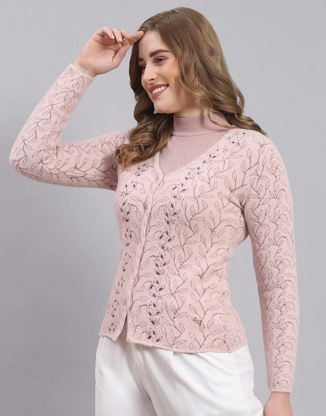 Women Pink Self Design V Neck Full Sleeve Sweater - Image 3
