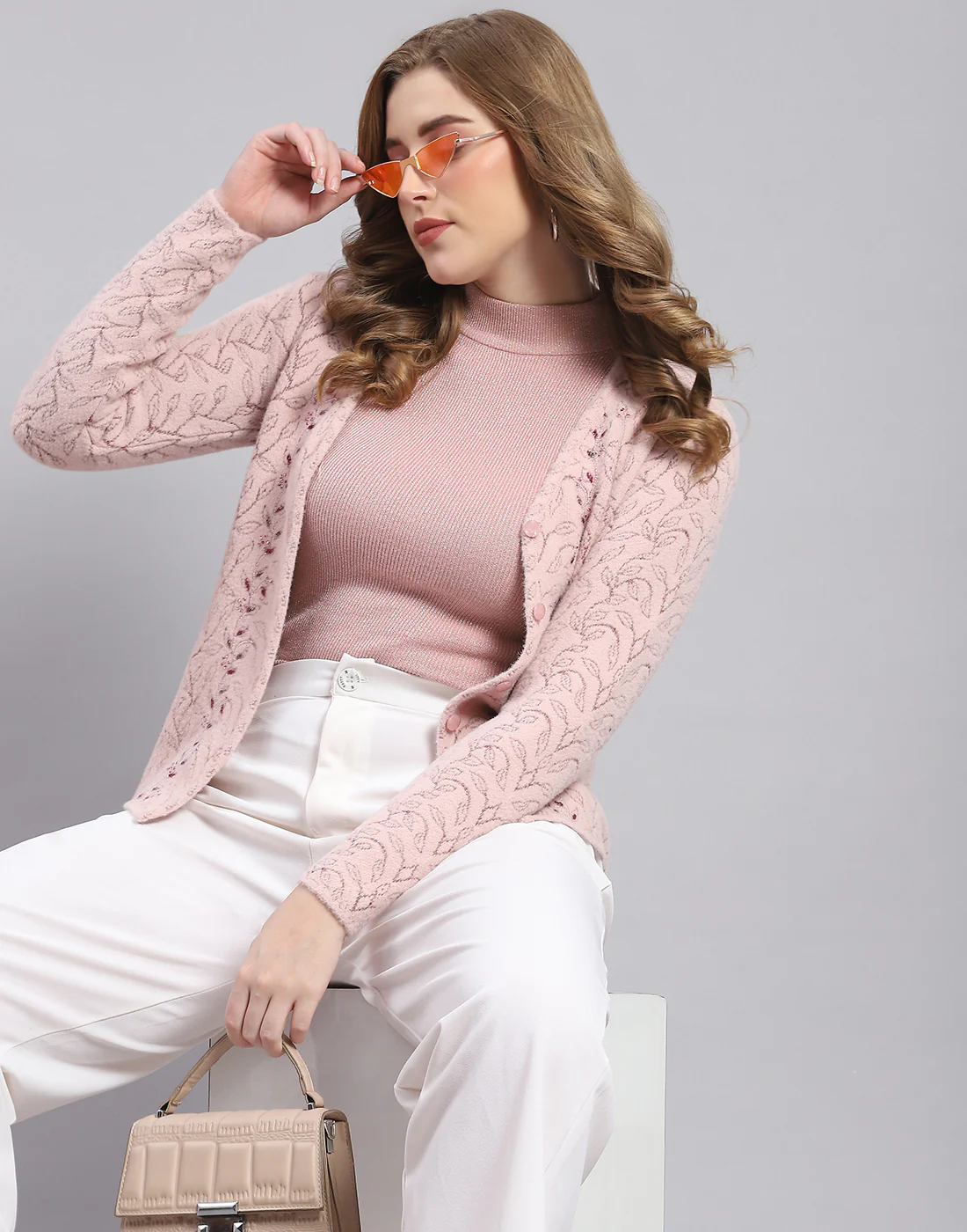 Women Pink Self Design V Neck Full Sleeve Sweater - Image 6