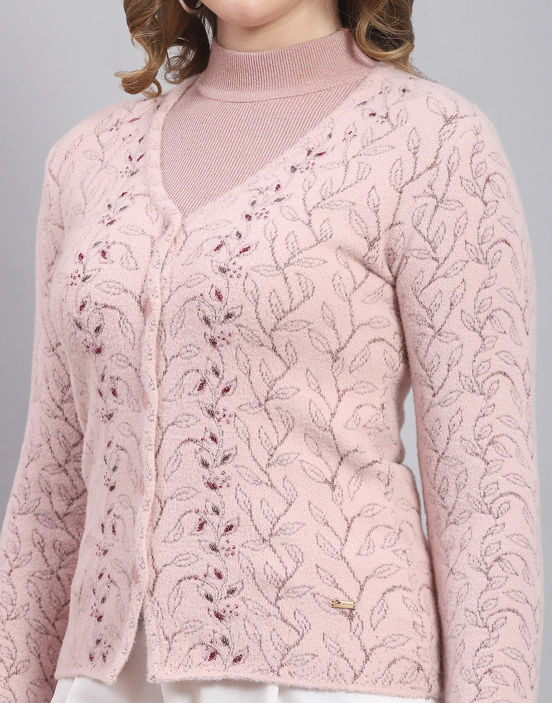 Women Pink Self Design V Neck Full Sleeve Sweater - Image 7