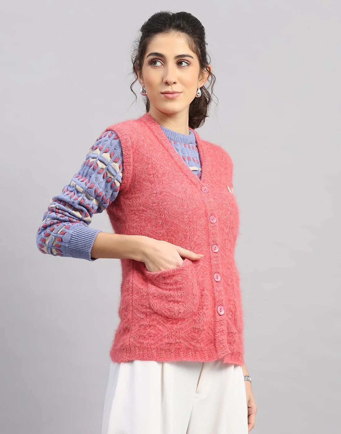 Women Pink Self Design V Neck Sleeveless Cardigan - Image 3