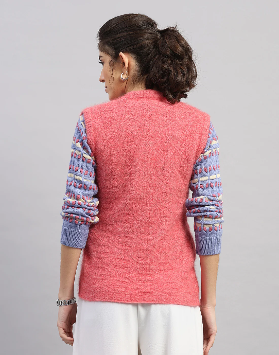 Women Pink Self Design V Neck Sleeveless Cardigan - Image 4