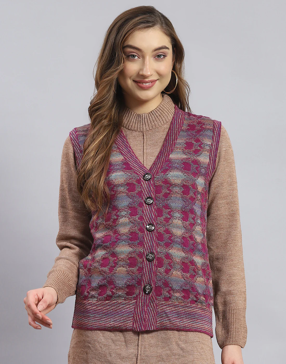 Women Pink Self Design V Neck Sleeveless Sweater - Image 2