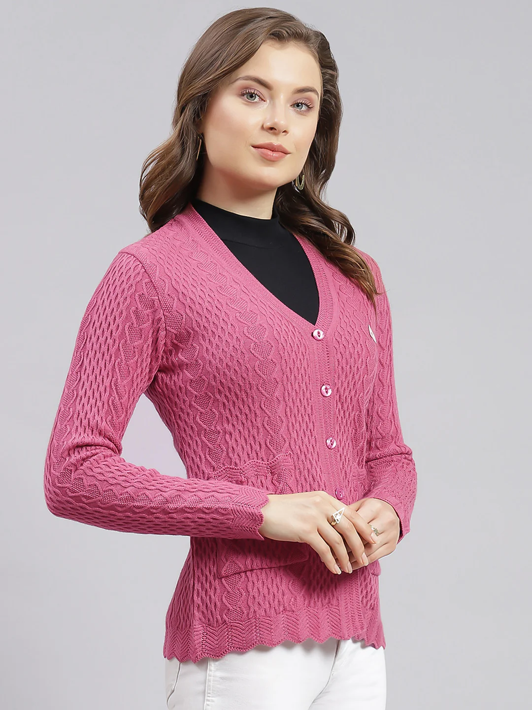 Women Pink Self Design Wool blend Cardigan - Image 2