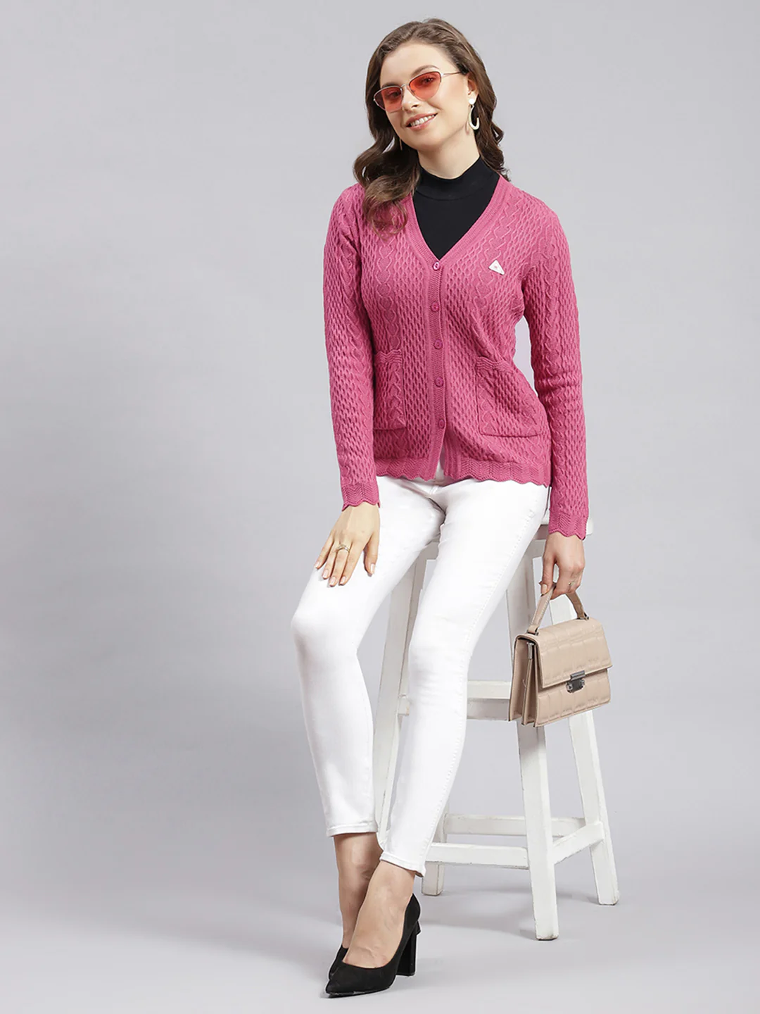 Women Pink Self Design Wool blend Cardigan - Image 5