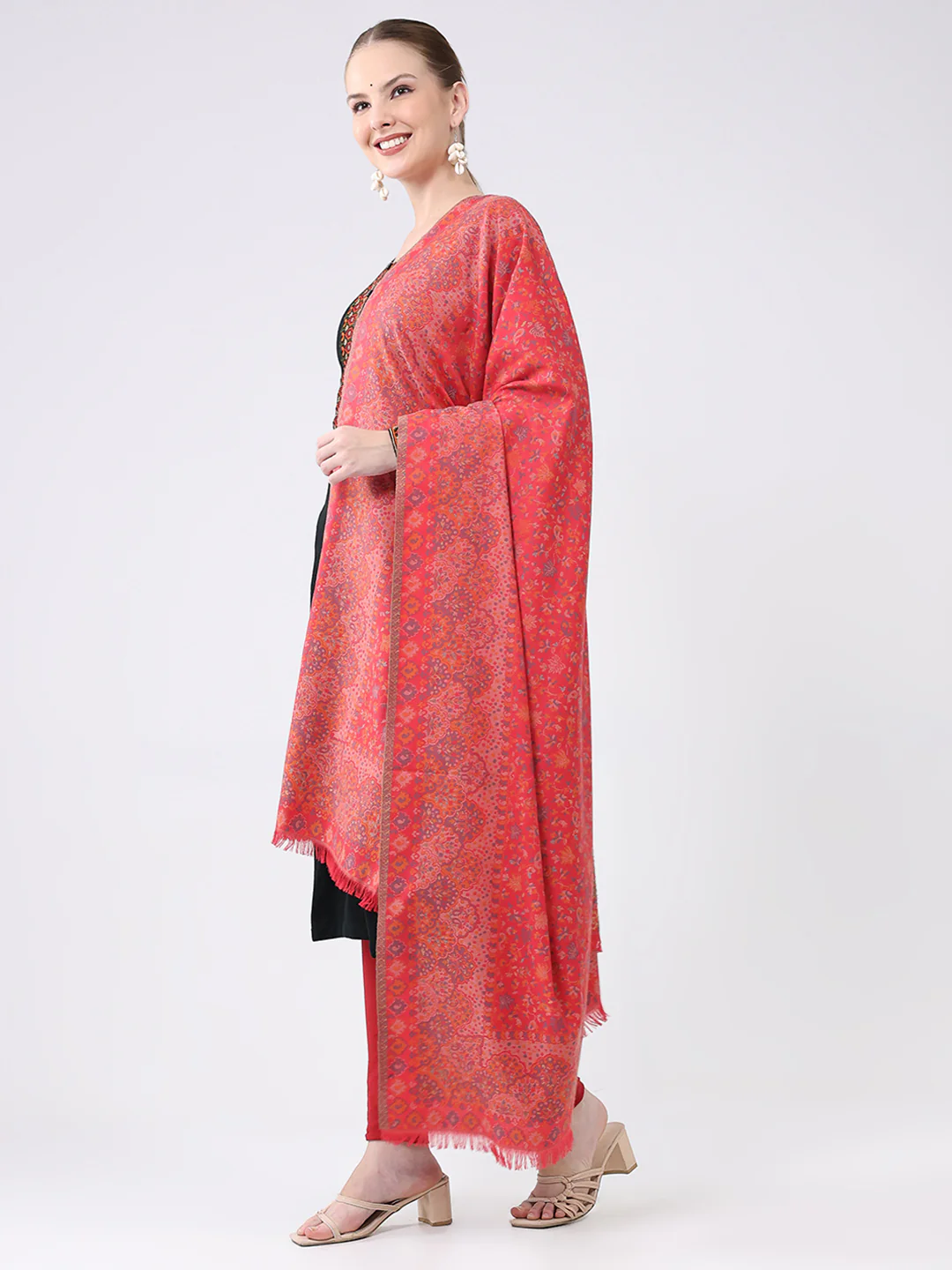 Women Pink Self Design Wool Shawl - Image 3