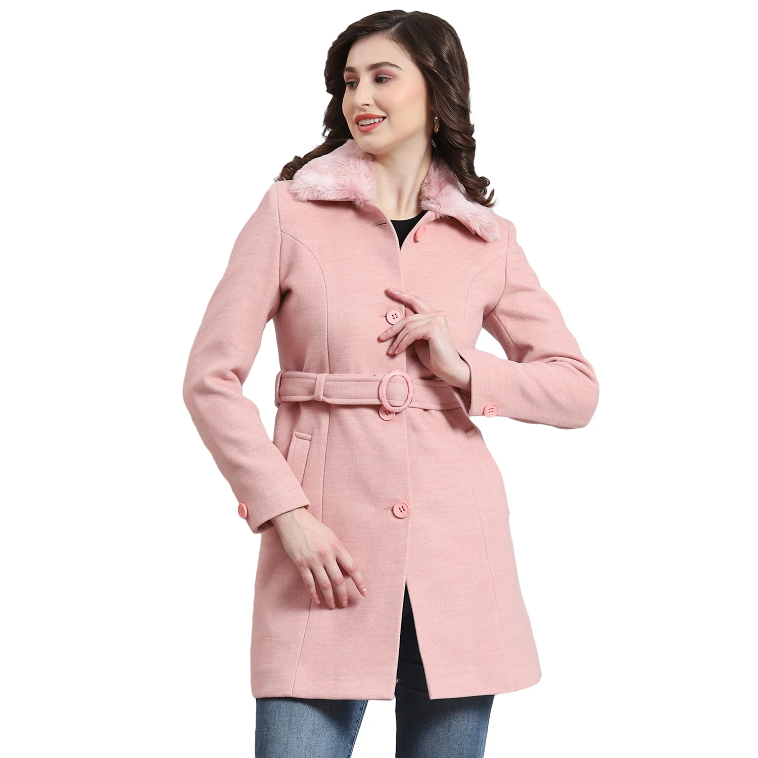 Women Pink Solid Collar Full Sleeve Coat - Image 5