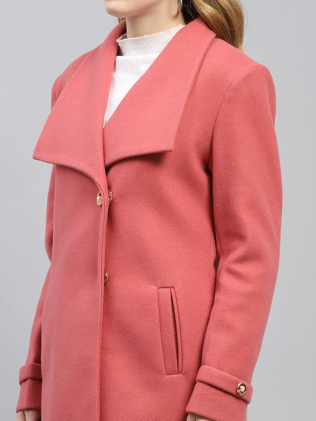 Women Pink Solid Collar Full Sleeve Coat - Image 6