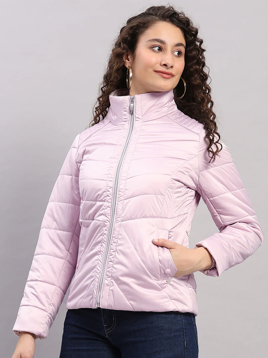 Women Pink Solid Collar Full Sleeve Jacket with Inbuilt Earphones - Image 3