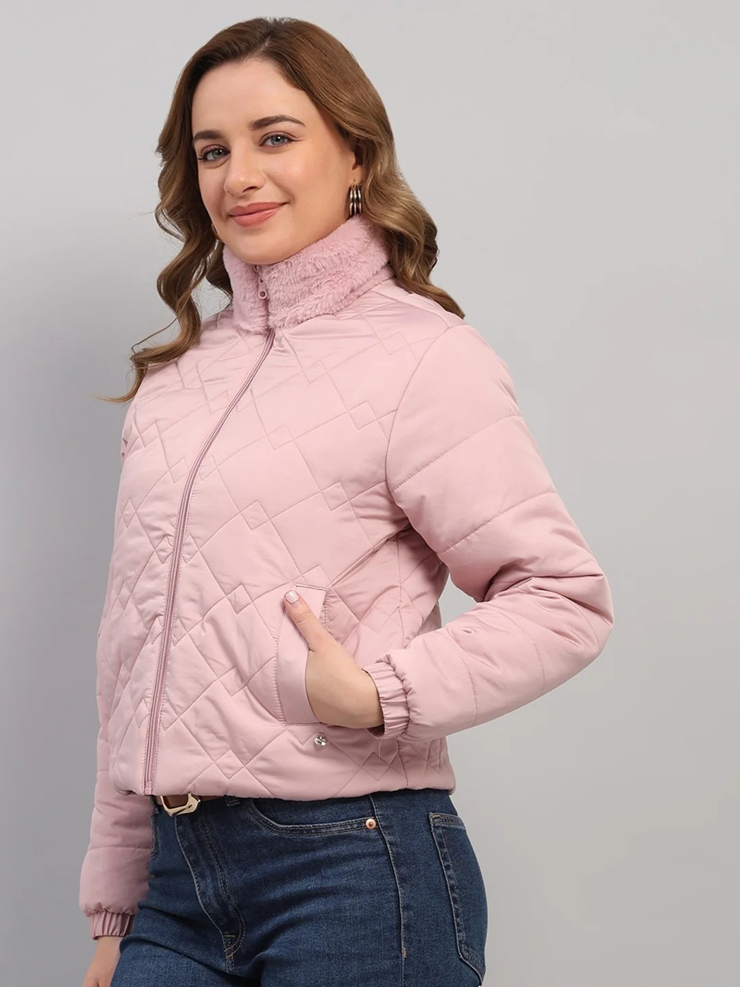 Women Pink Solid Collar Full Sleeve Reversible Jacket - Image 3