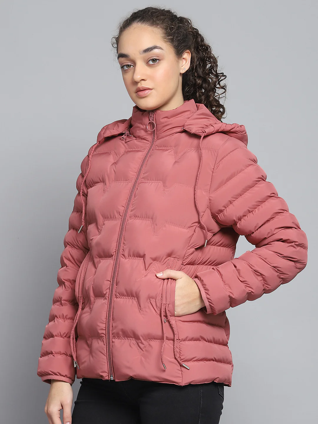 Women Pink Solid Detachable Hood Full Sleeve Jacket - Image 3
