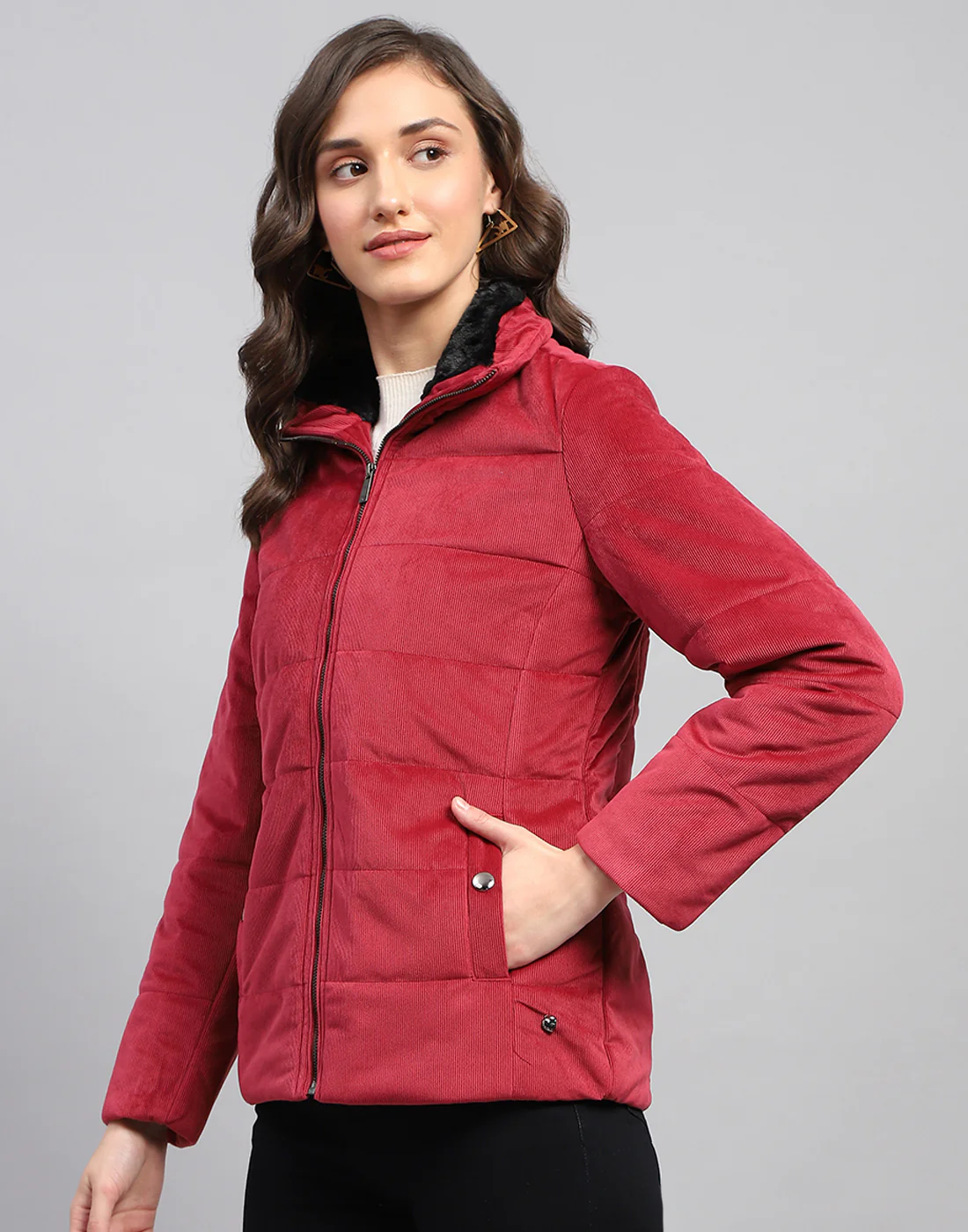 Women Pink Solid High Neck Full Sleeve Jacket - Image 3
