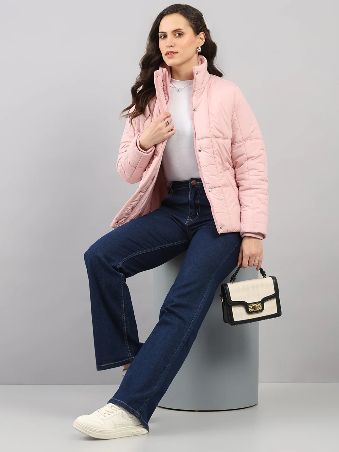 Women Pink Solid High Neck Full Sleeve Jacket - Image 2