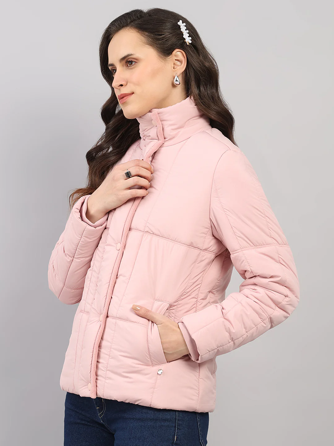 Women Pink Solid High Neck Full Sleeve Jacket - Image 3