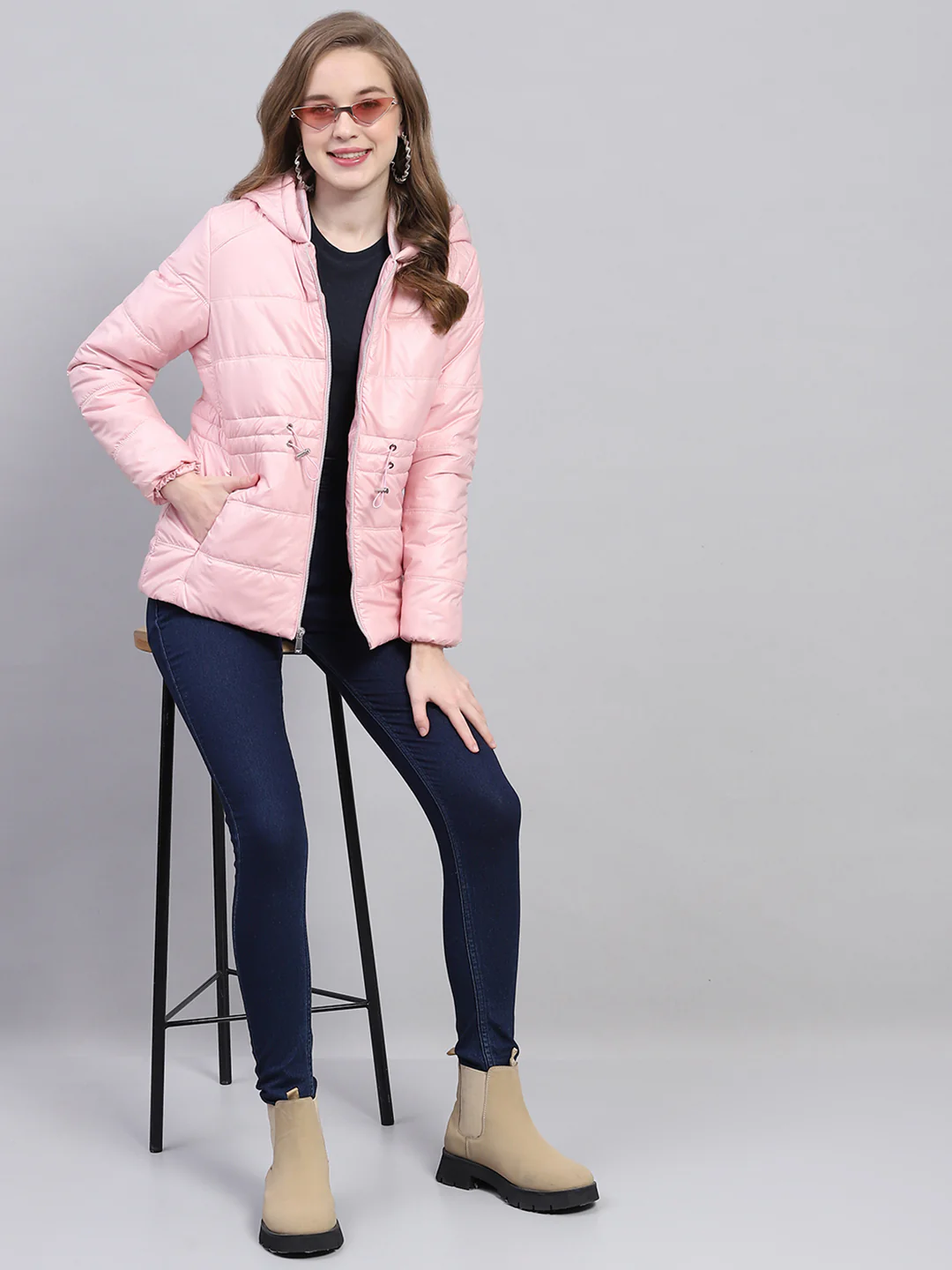 Women Pink Solid Hooded Full Sleeve Jacket - Image 2