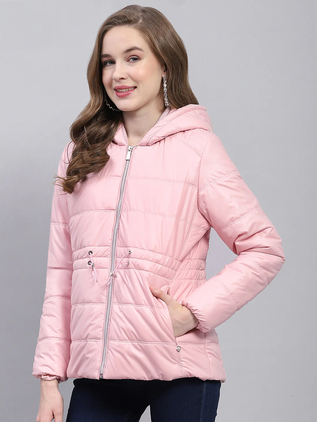 Women Pink Solid Hooded Full Sleeve Jacket - Image 3
