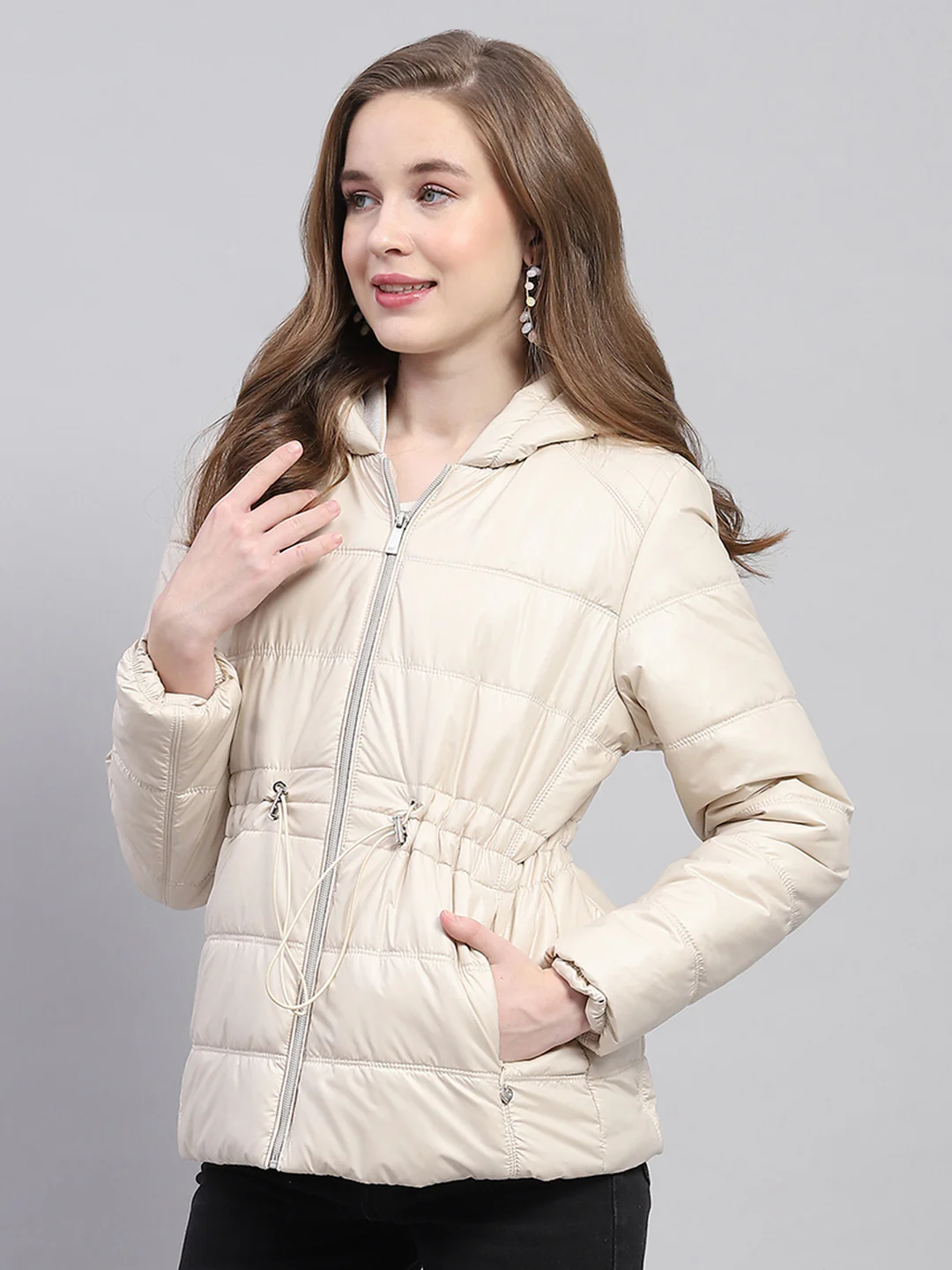 Women Beige Solid Hooded Full Sleeve Jacket - Image 3