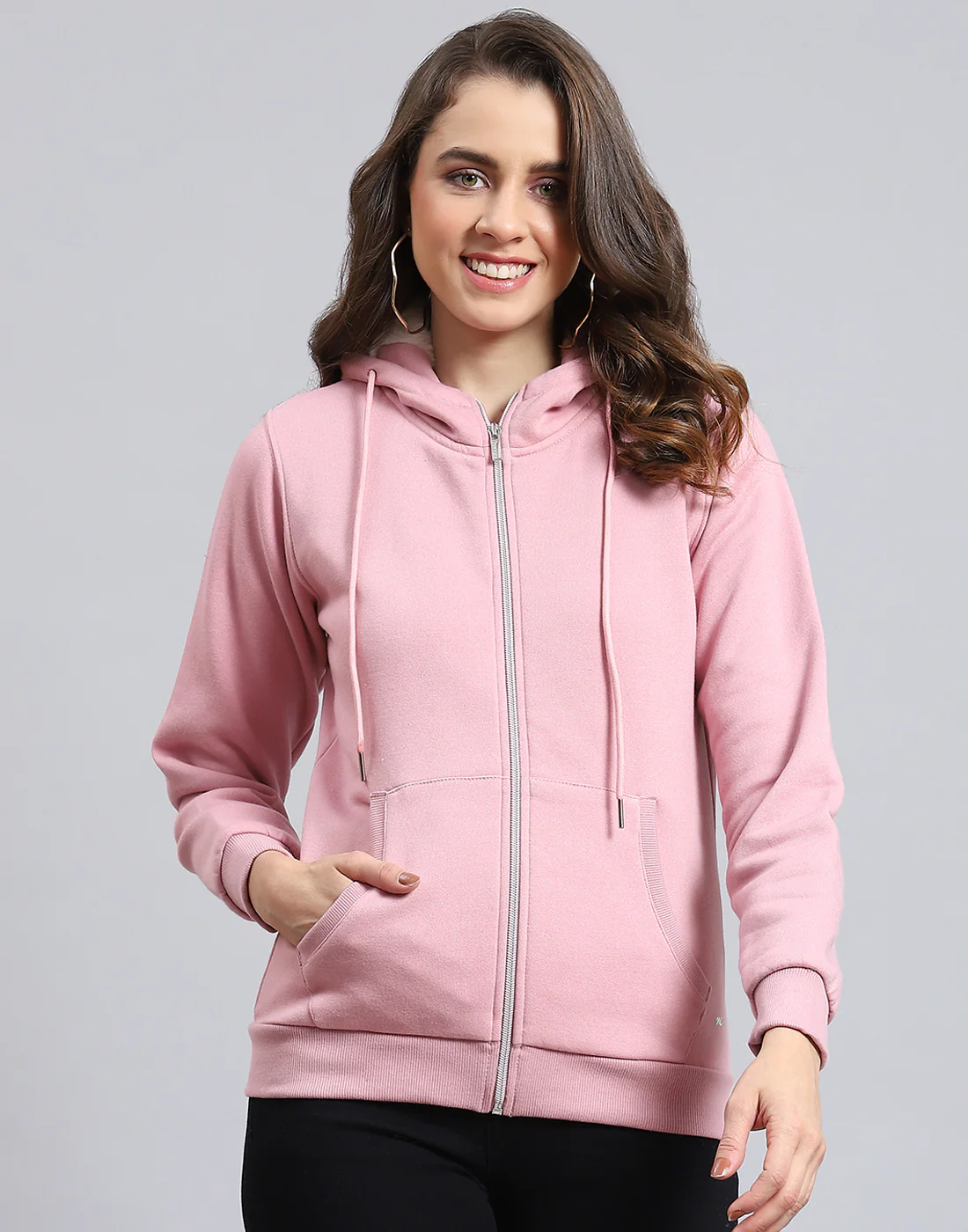 Women Pink Solid Hooded Full Sleeve Sweatshirt - Image 3