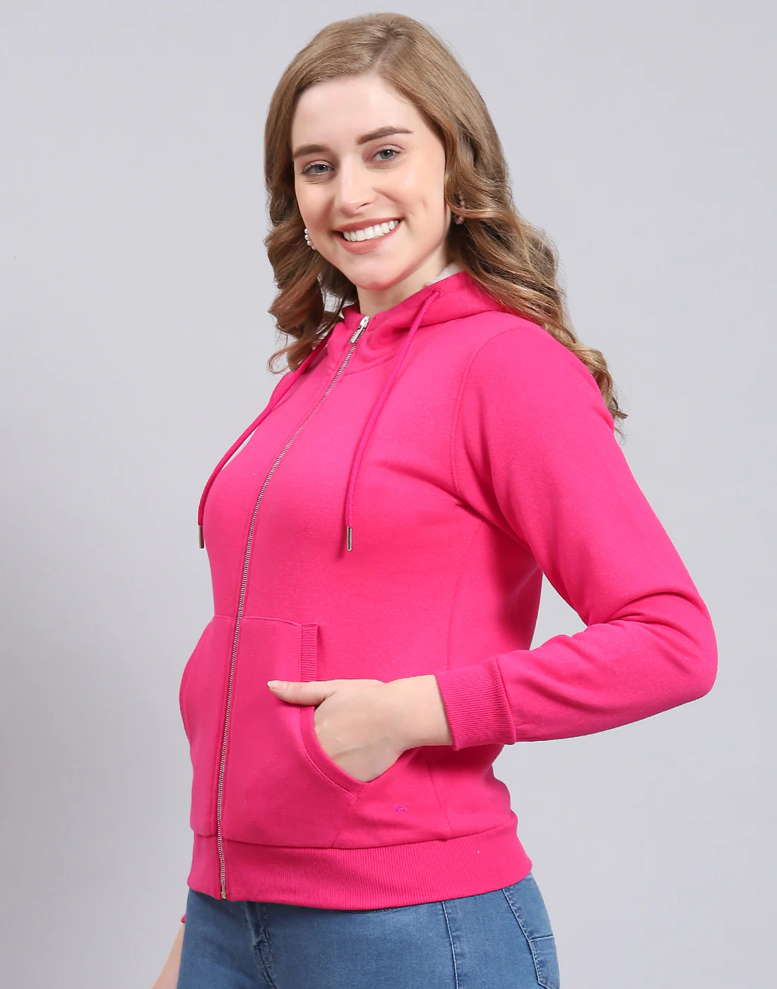 Women Pink Solid Hooded Full Sleeve Sweatshirt - Image 3