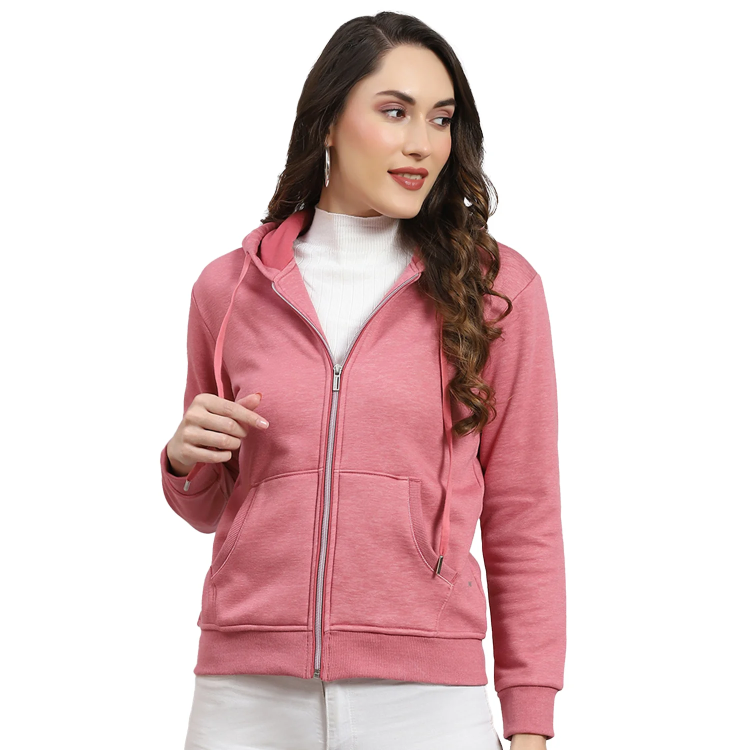 Women Pink Solid Hooded Full Sleeve Sweatshirt - Image 5