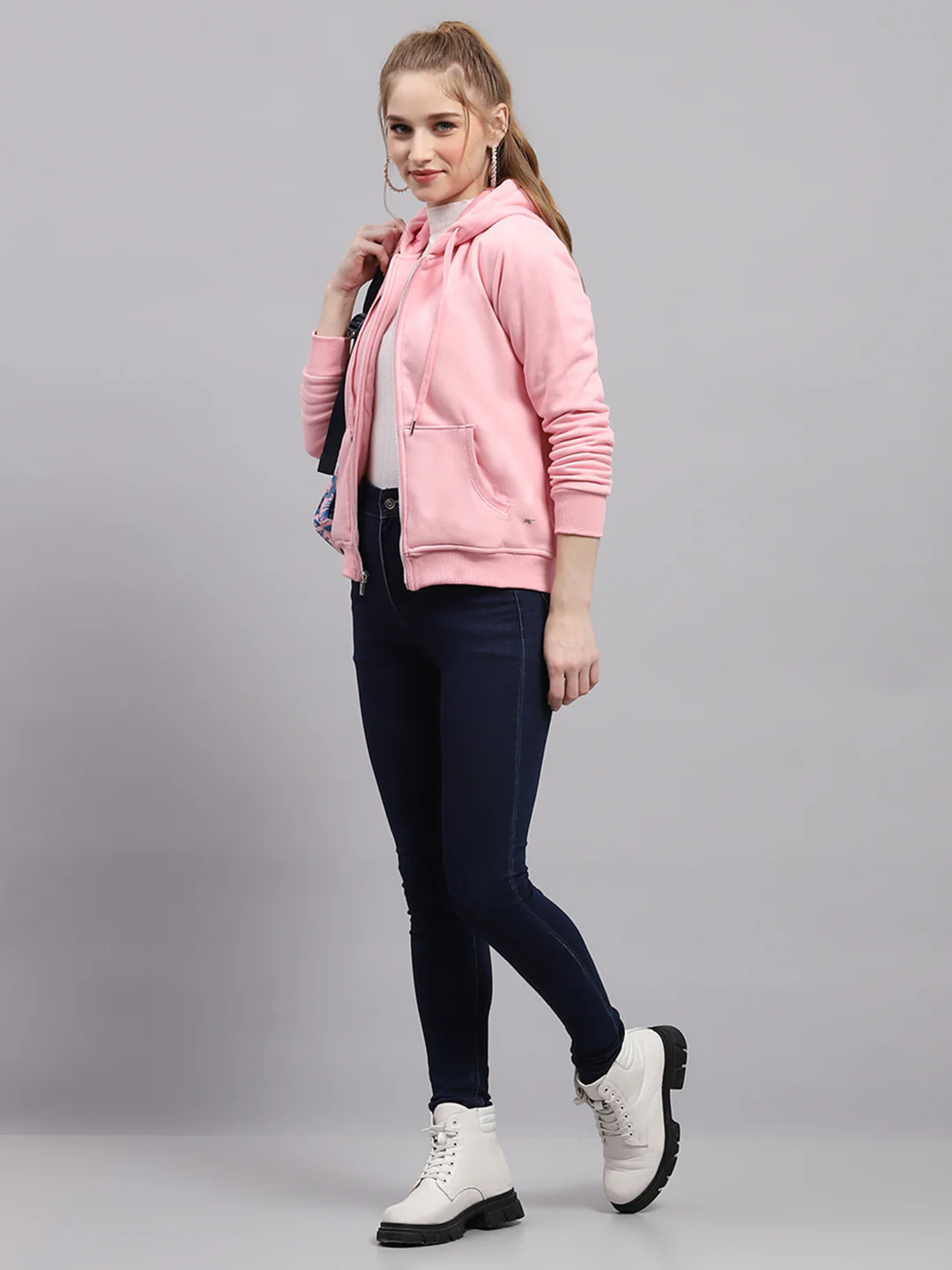 Women Pink Solid Hooded Full Sleeve Sweatshirt - Image 2