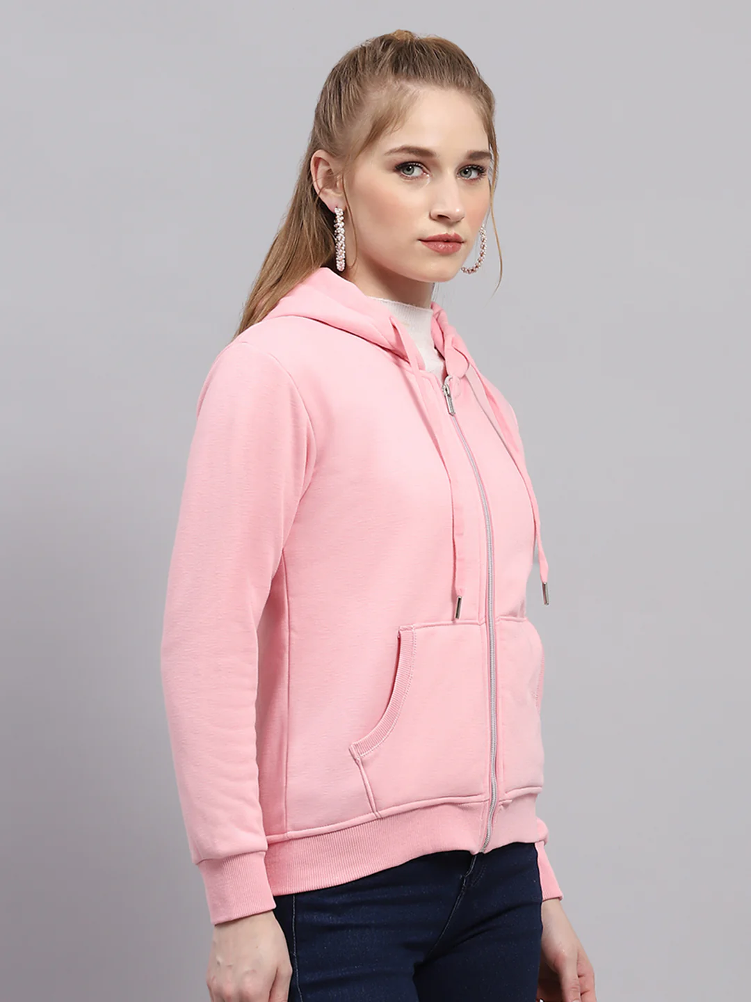 Women Pink Solid Hooded Full Sleeve Sweatshirt - Image 4