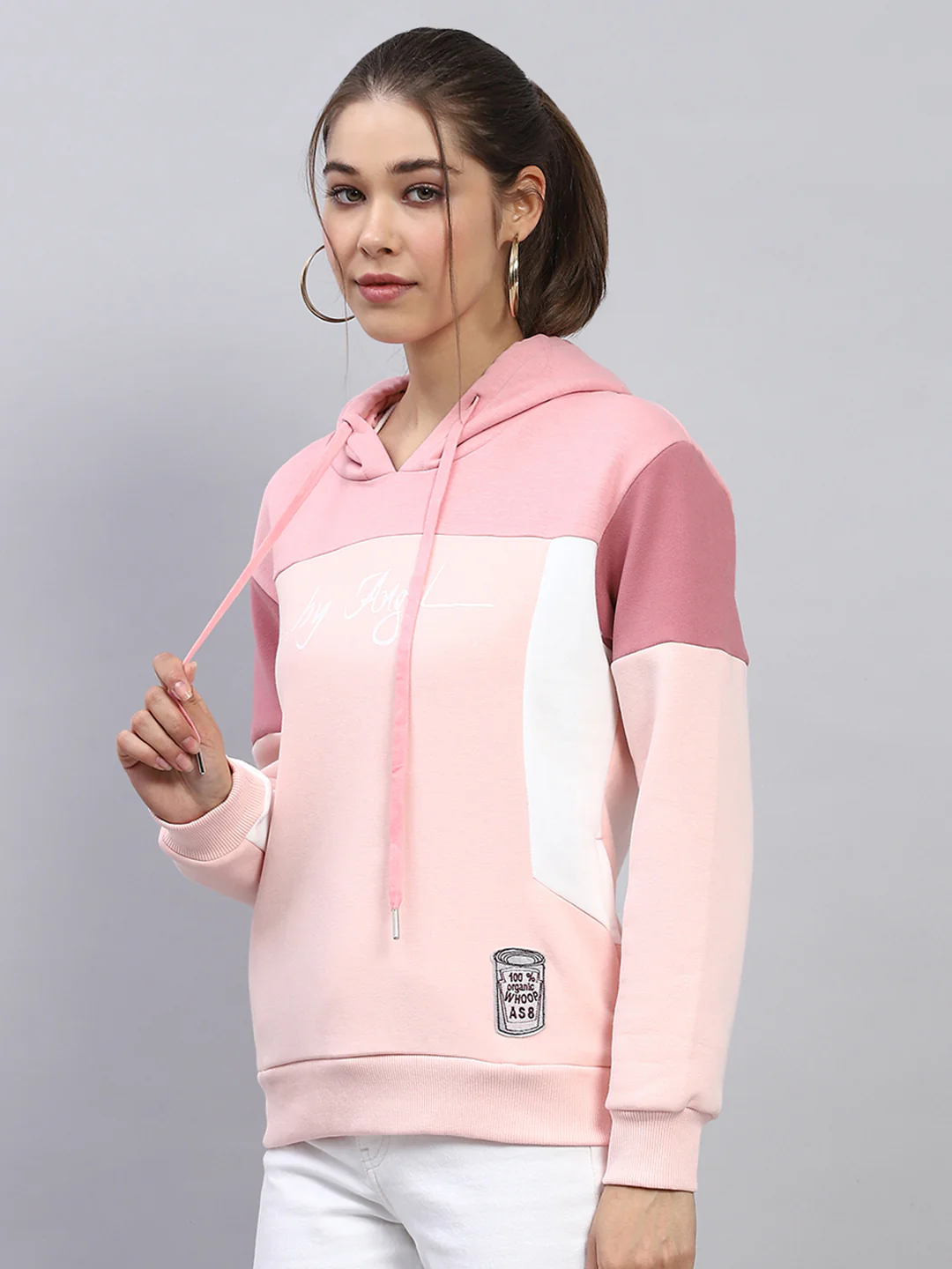 Women Pink Solid Hooded Full Sleeve Sweatshirt - Image 2