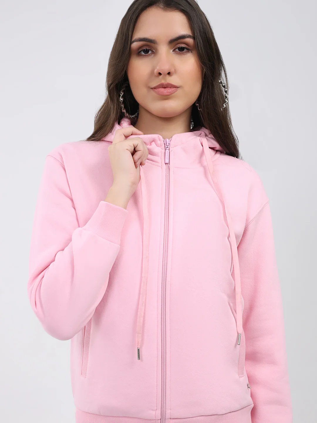 Women Pink Solid Hooded Full Sleeve Sweatshirt - Image 6