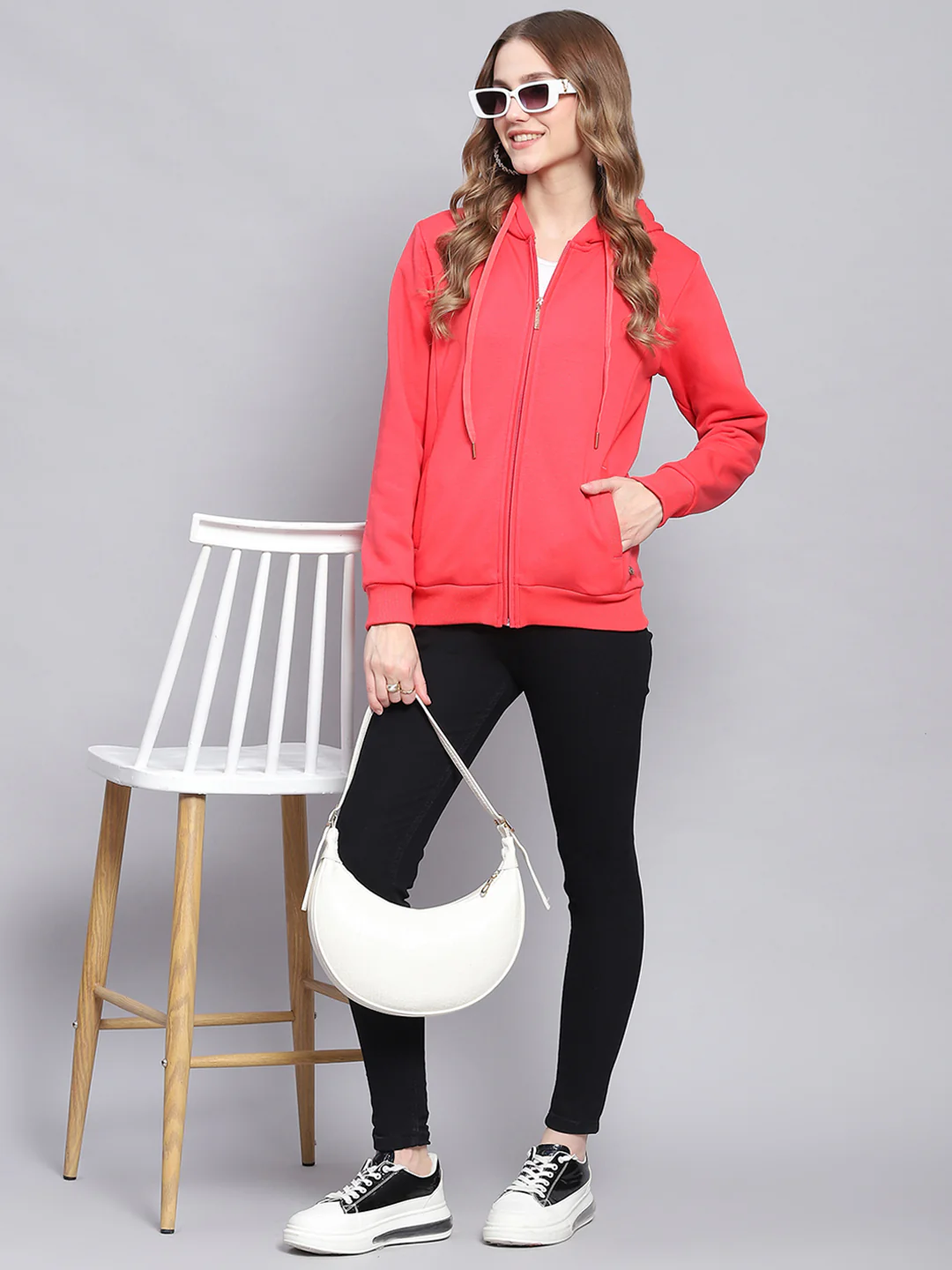 Women Pink Solid Hooded Full Sleeve Sweatshirts - Image 2