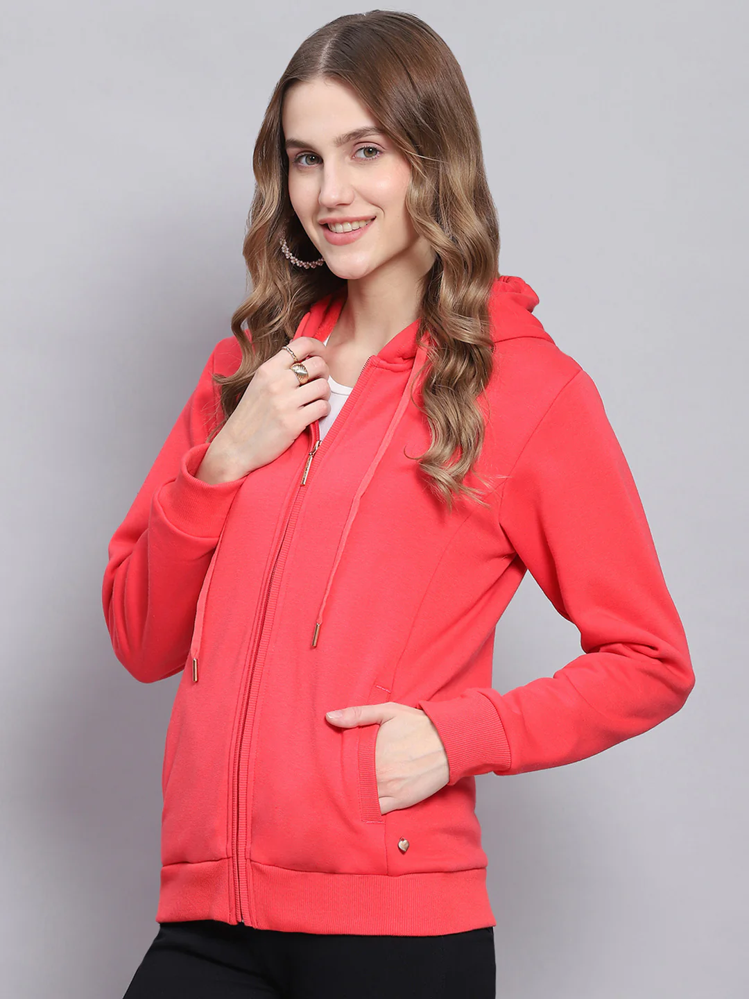 Women Pink Solid Hooded Full Sleeve Sweatshirts - Image 4