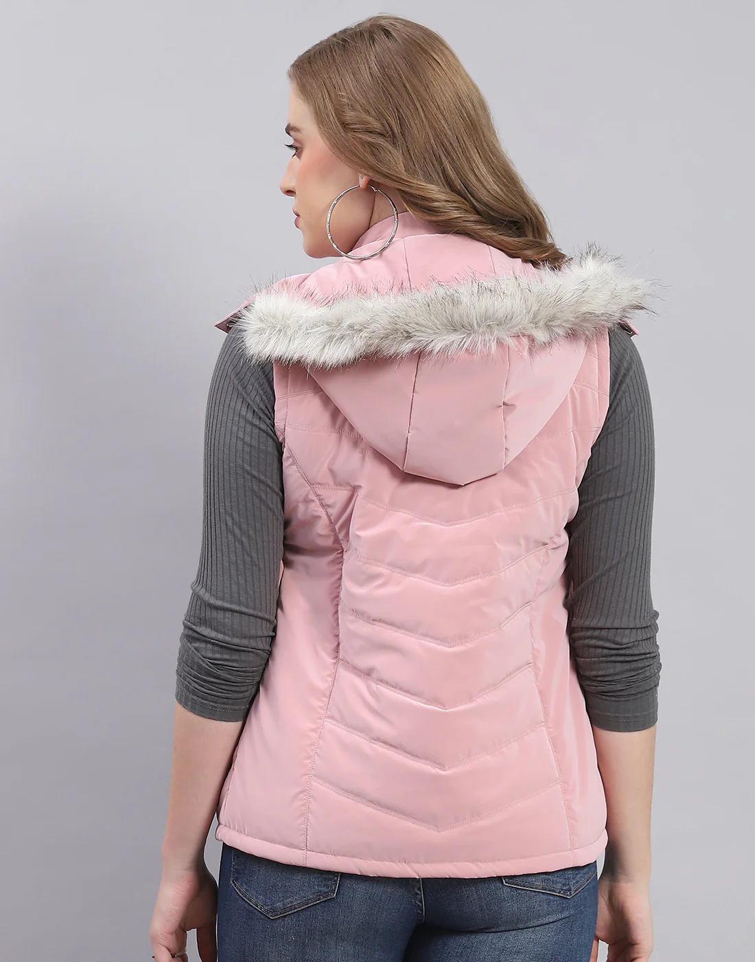 Women Pink Solid Hooded Sleeveless Jacket - Image 5