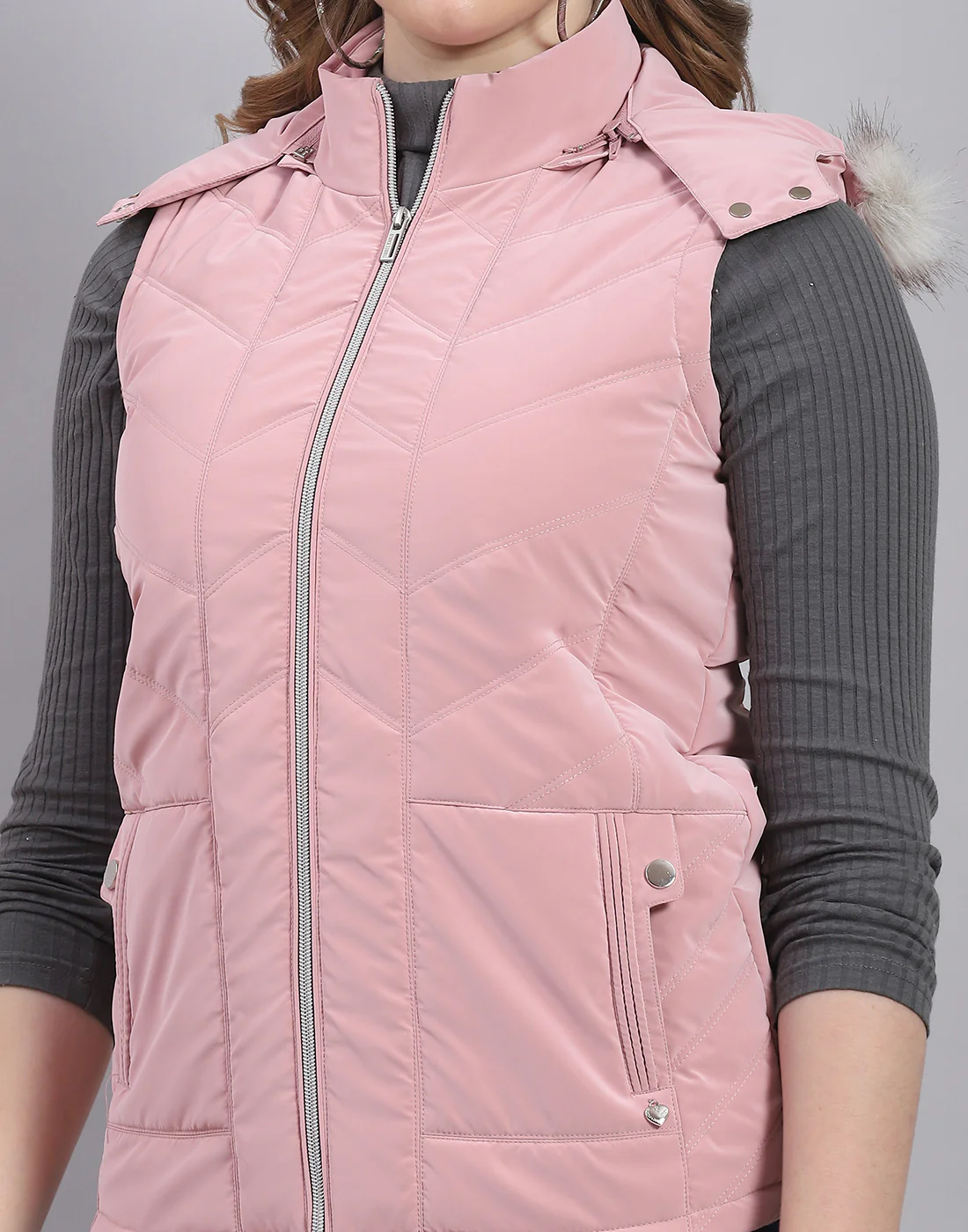 Women Pink Solid Hooded Sleeveless Jacket - Image 6