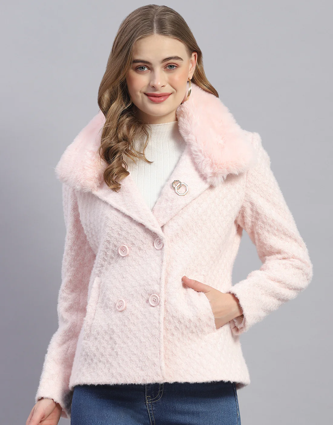 Women Pink Solid Lapel Collar Full Sleeve Coat - Image 2