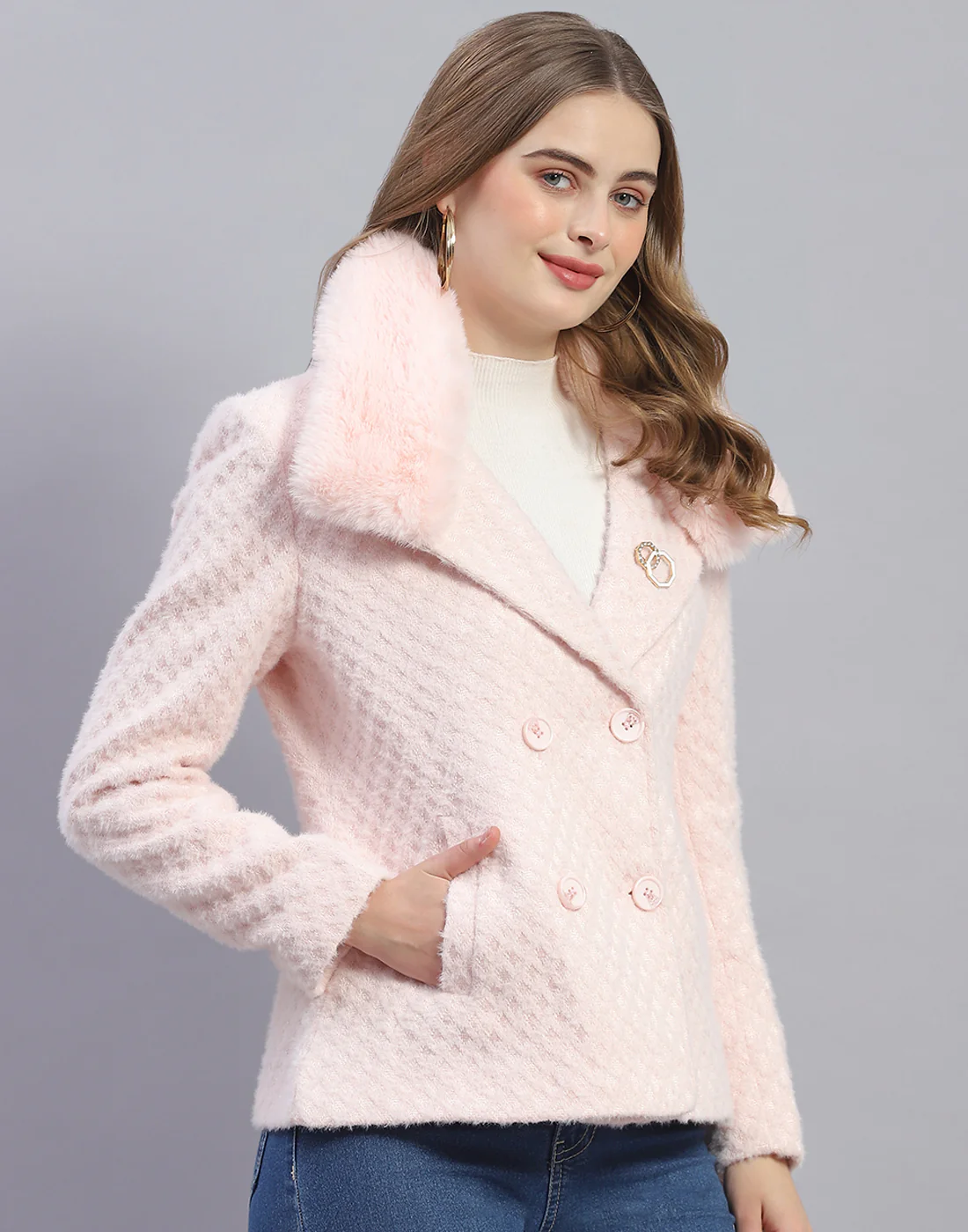 Women Pink Solid Lapel Collar Full Sleeve Coat - Image 4