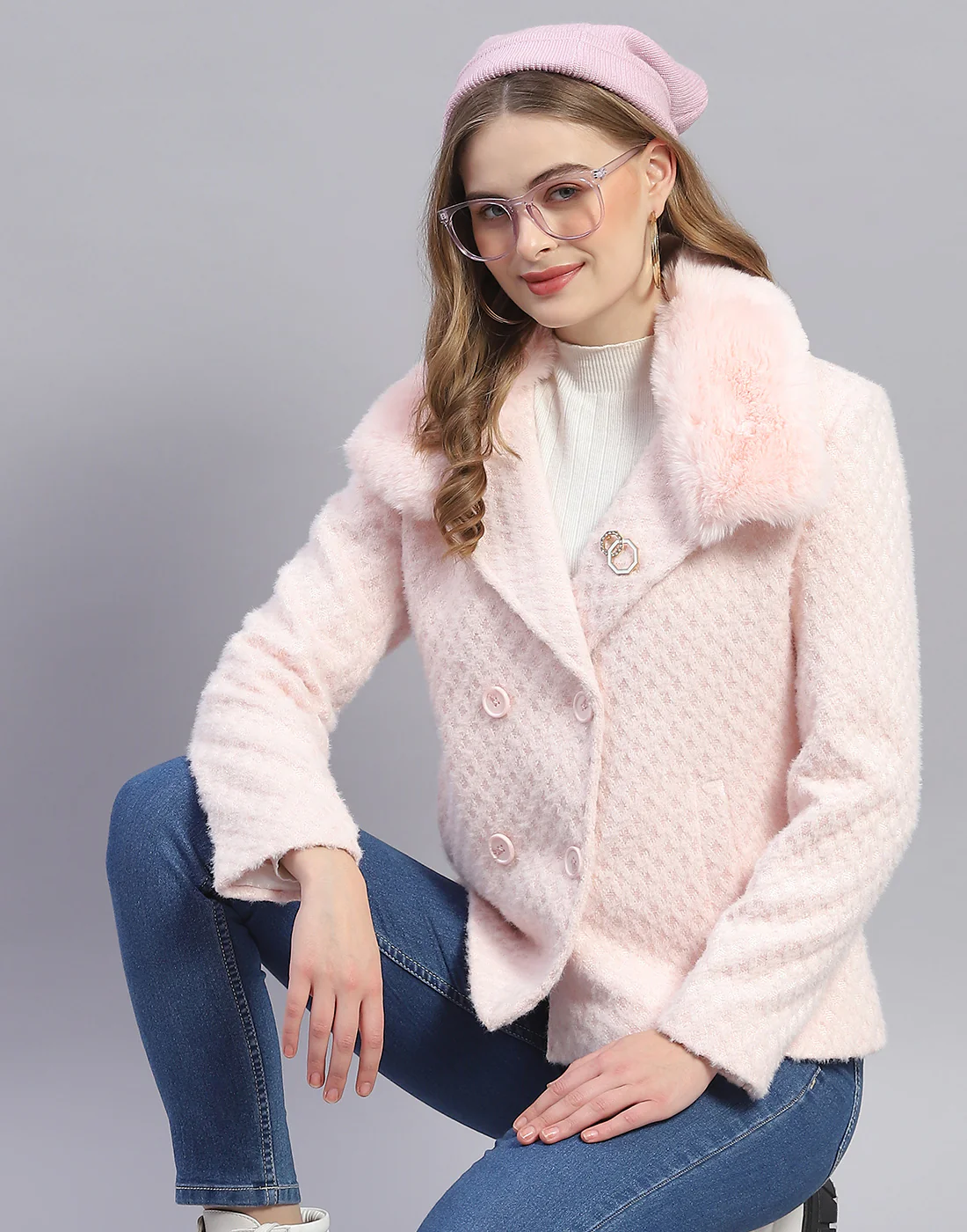 Women Pink Solid Lapel Collar Full Sleeve Coat - Image 6