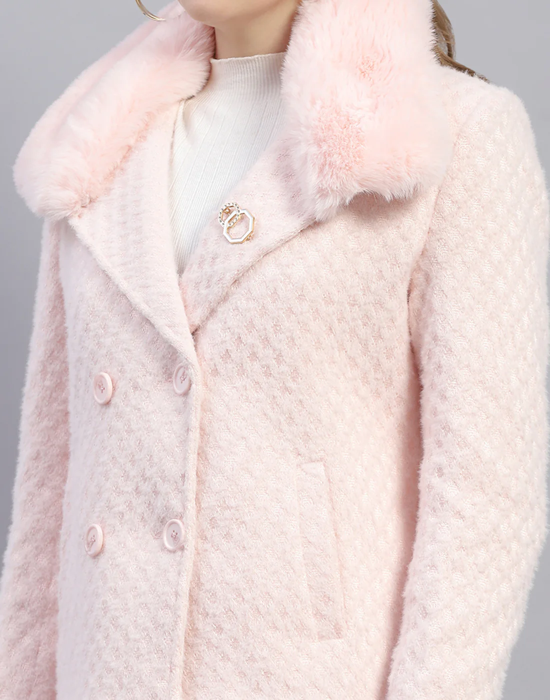 Women Pink Solid Lapel Collar Full Sleeve Coat - Image 8