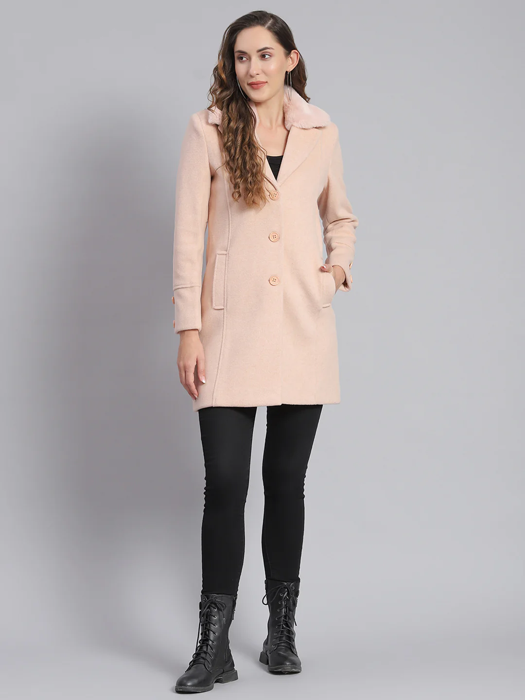 Women Pink Solid Lapel Collar Full Sleeve Coats - Image 2