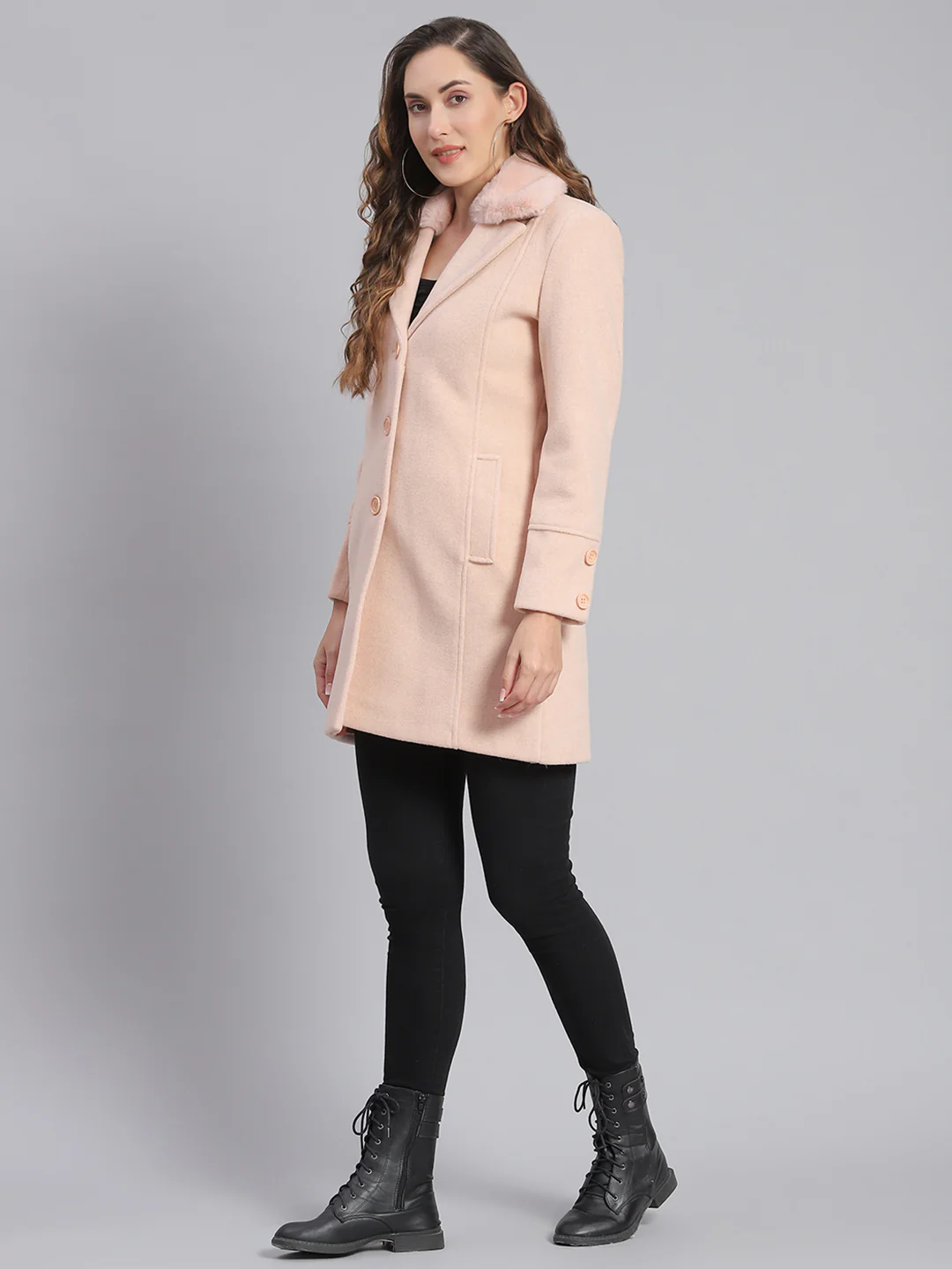 Women Pink Solid Lapel Collar Full Sleeve Coats - Image 3
