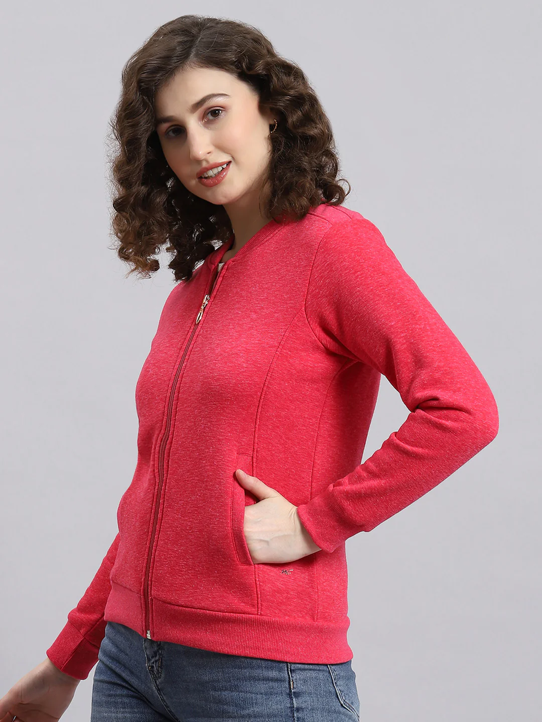 Women Pink Solid Mandarin Collar Full Sleeve Sweatshirt - Image 3