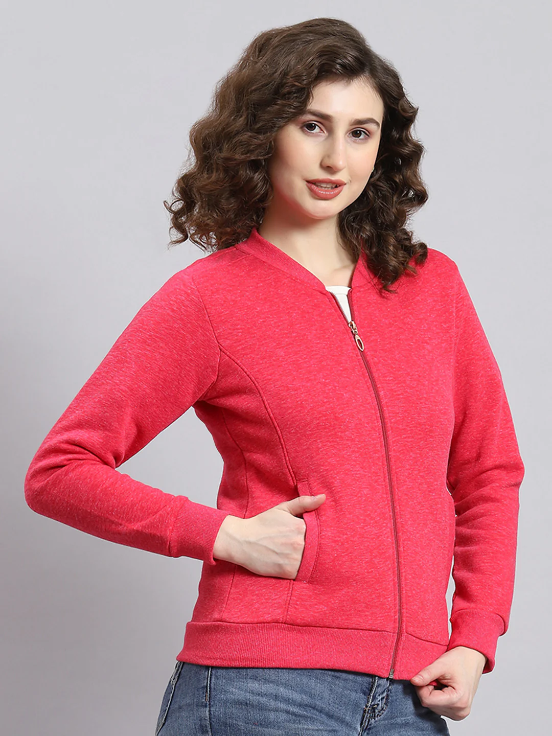 Women Pink Solid Mandarin Collar Full Sleeve Sweatshirt - Image 4