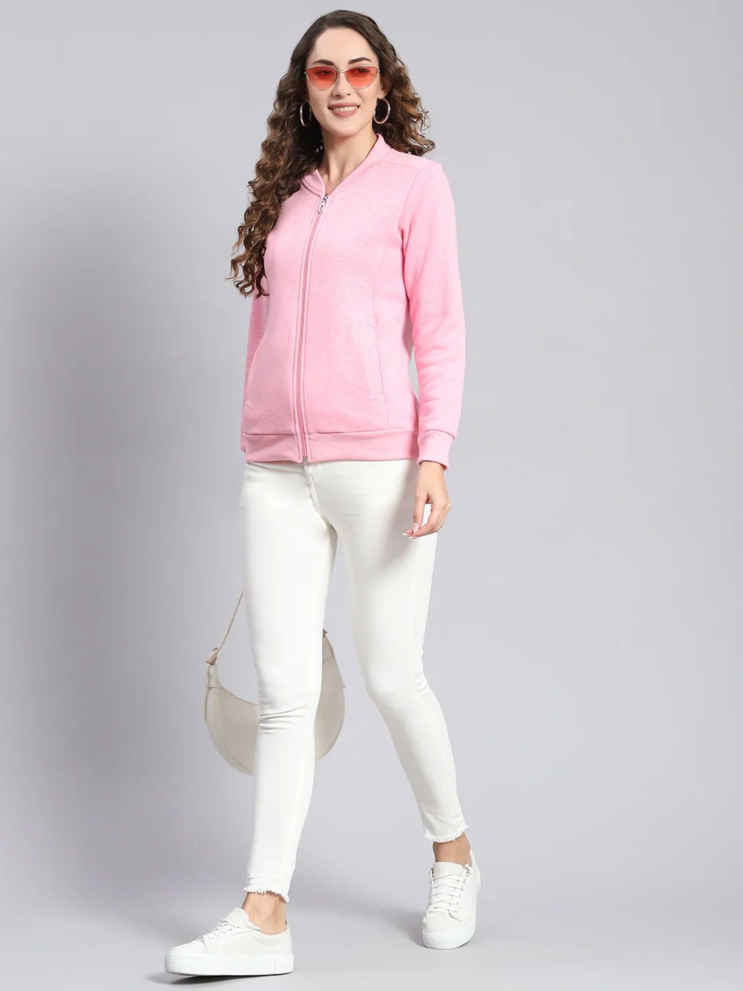 Women Pink Solid Mandarin Collar Full Sleeve Sweatshirts - Image 2