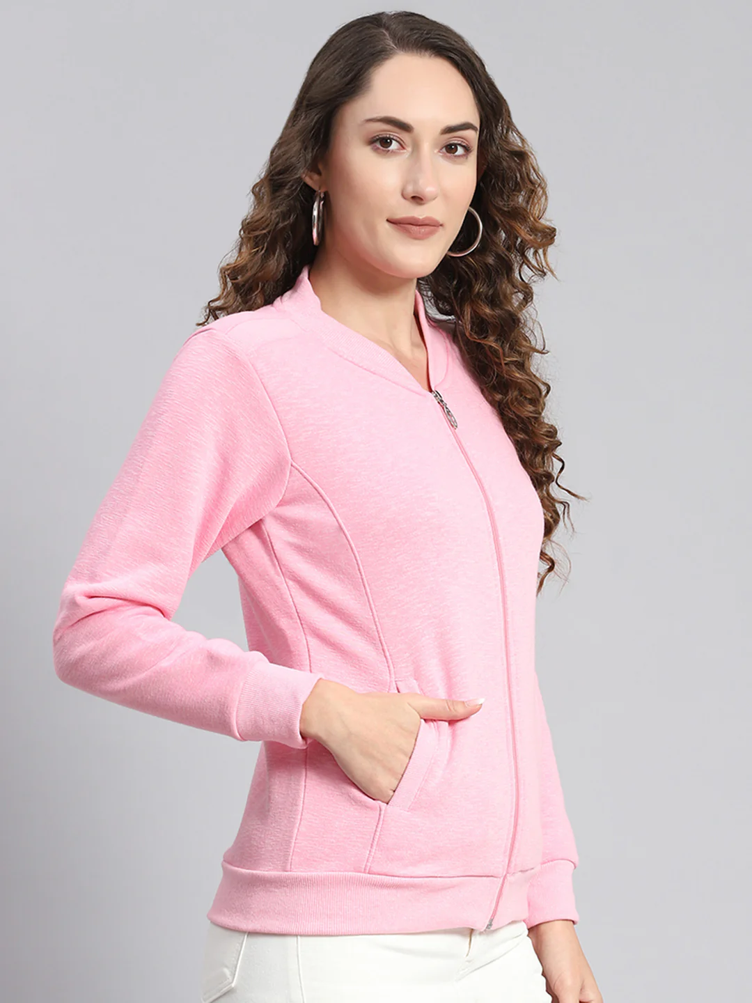 Women Pink Solid Mandarin Collar Full Sleeve Sweatshirts - Image 4