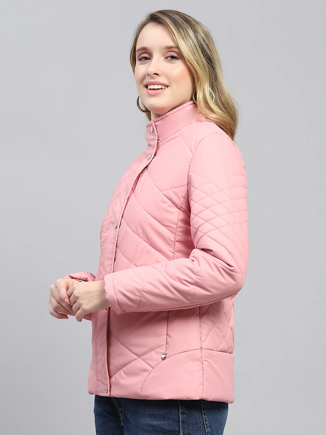 Women Pink Solid Mock Neck Full Sleeve Jacket - Image 3