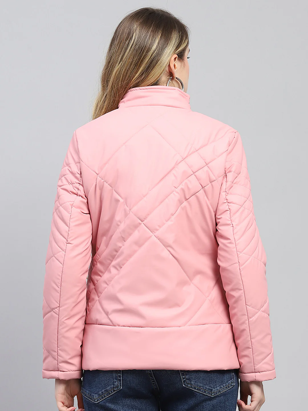 Women Pink Solid Mock Neck Full Sleeve Jacket - Image 5