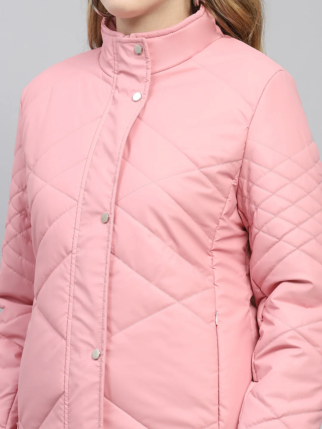 Women Pink Solid Mock Neck Full Sleeve Jacket - Image 6