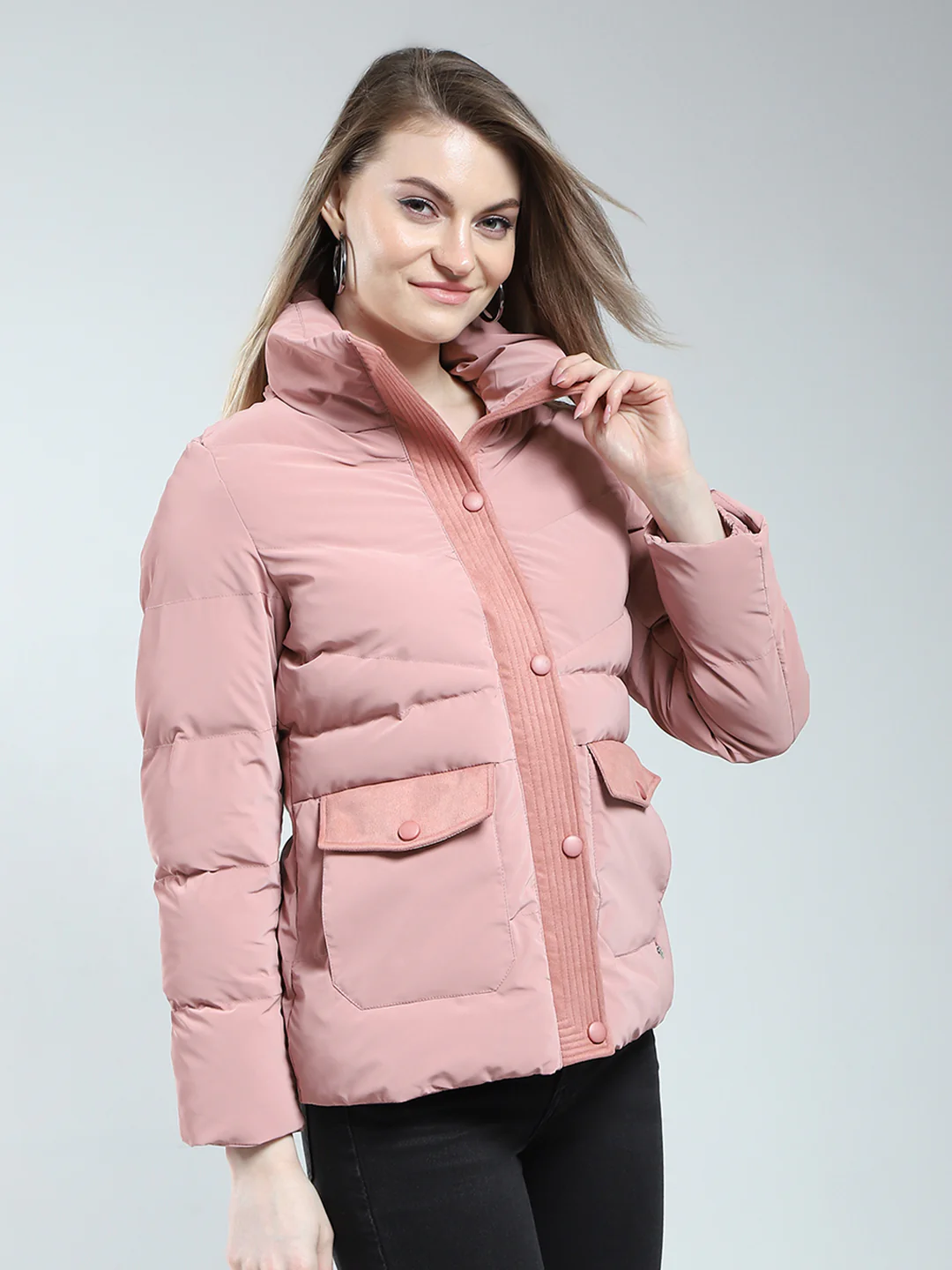 Women Pink Solid Mock Neck Full Sleeve Jacket - Image 4